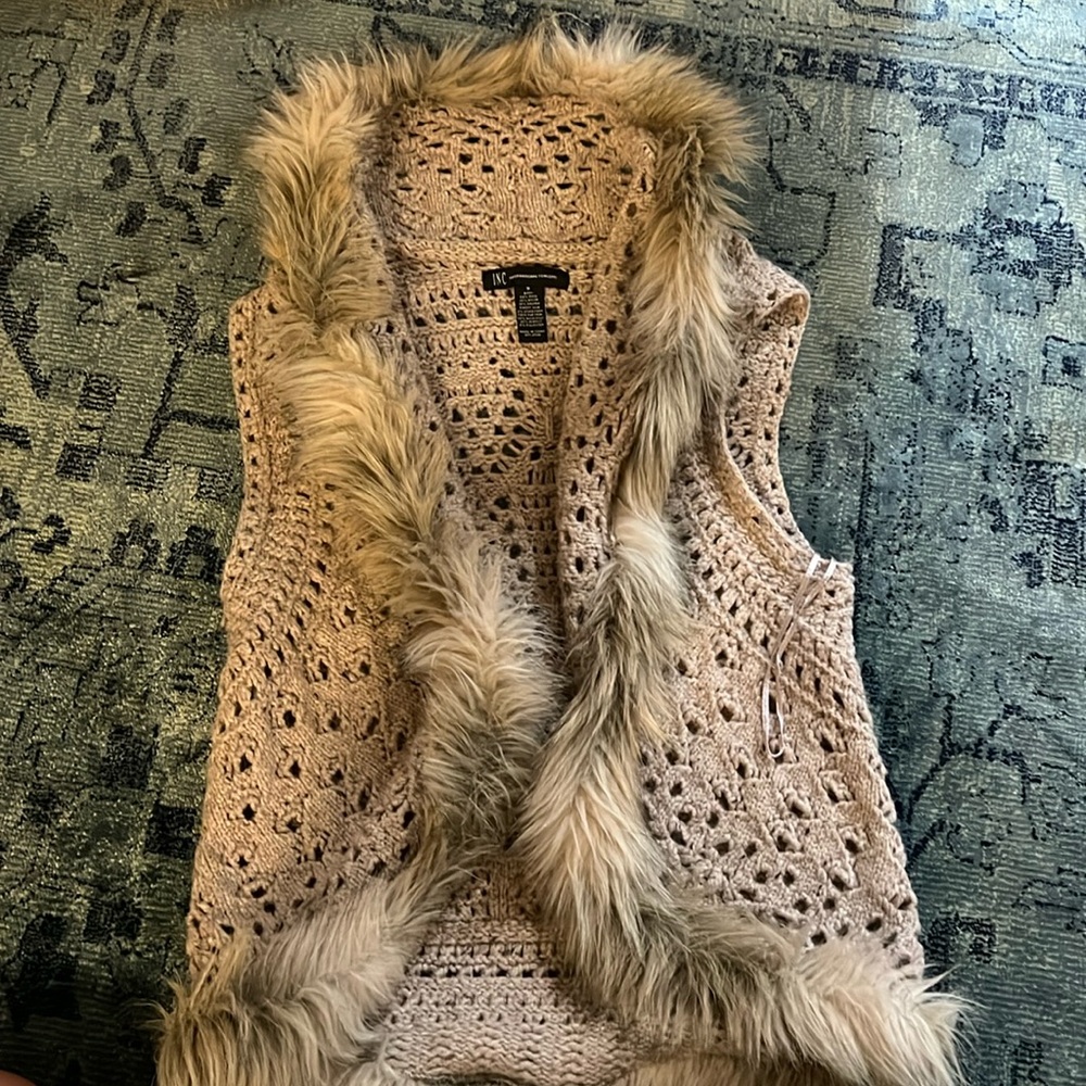 Crochet vest with faux fur trim. INC brand, size M.